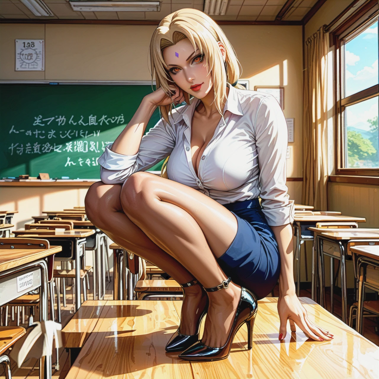 @tsunade, sexy  body, high heels, beautiful face, strong face, teacher clothes, school, stronger ponytail  hairstyle, strong teacher