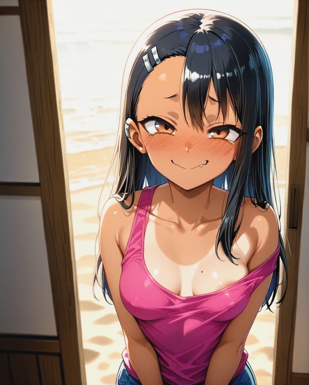 @nagatoro_hayase , (breast_slip) ,wide pink tank shirt ,  , caribean beach, Sunny day,  , shy expression face, wide angle shot