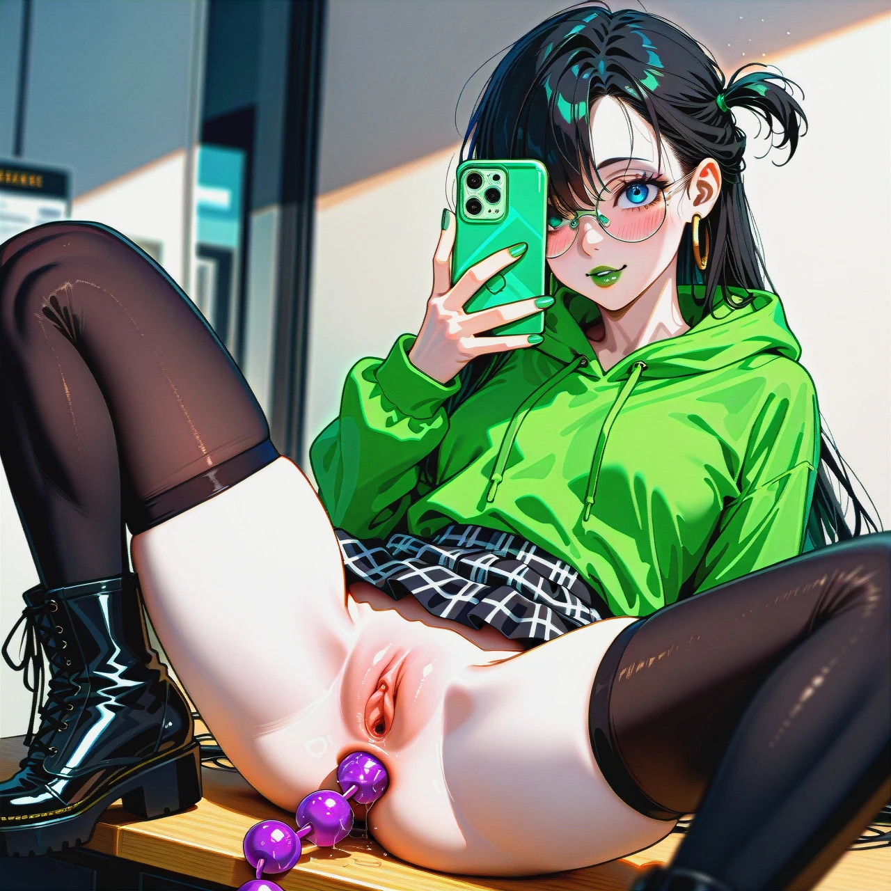 ultra realistic, red and black checkered skirt,  knee-high socks,  dark black hair girl,dark black hair girl,dark black hair girl,extremly long hair, long hair, very long hair, hair long to the butt, steel frame glasses with large round lenses, , green oversized hoodie, pale skin, (solo), (lean body:1.3), wasp waist, (hair covering left eye), sit on table, black flat boots, office, blue eyes, blushing, horny, green lipstick, full lips, long green nails, ear rings, takes a selfie, uses phone, (spread_legs), naked pussy, anal beads, (anal_object_insertion), vaginal_object_insertion), (double_penetration)