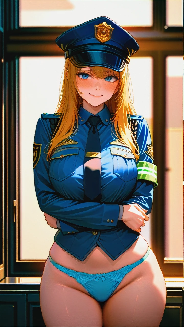 ultra_realistic, 8k, cinematic_still, full_shot,1boy1girl,dark-skinned_boy,big_black_cock,(arm_hug), female_police_officer_standing_on_a_city_street,_nighttime, lone, wearing_a_police_uniform, (blue_panties_visible:1.3), large_breasts, wide_hips, police_hat_on_head, (nervous_smile:1.2), hands_on_hips, street_lights_in_background, detailed_face, sharp_focus, dramatic_lighting, film_grain