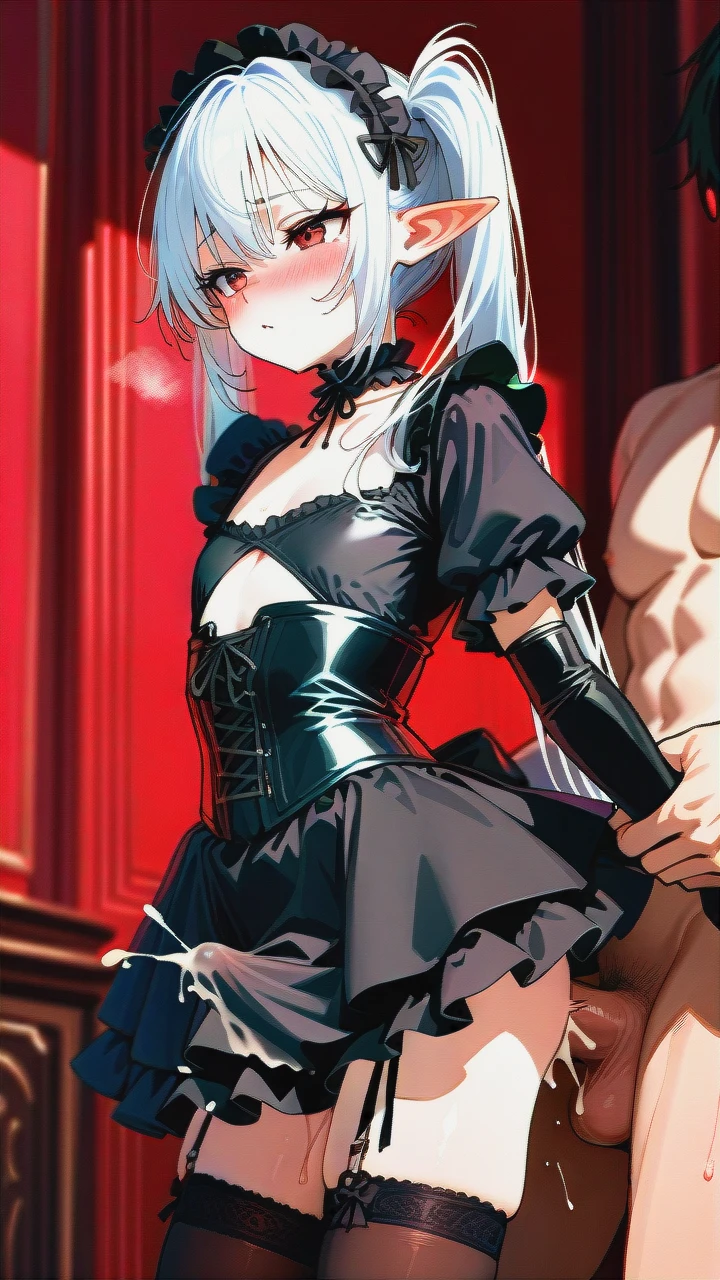 High_quality, (otoko_no_ko), (flat_chest), (frilled_thighhighs), garter_straps, pointy_ears, red_eyes, white_hair, (red_and_black_dress), elbow_gloves, frilled_headband, puffed_sleeves, frilled_choker, (cleavage_cutout),  (long_twin_ponytails), slim_legs, corset, (blush), (erection_under_skirt), (deep_penetration), (arm_held_back), (ejaculation), (sex_from_behind)