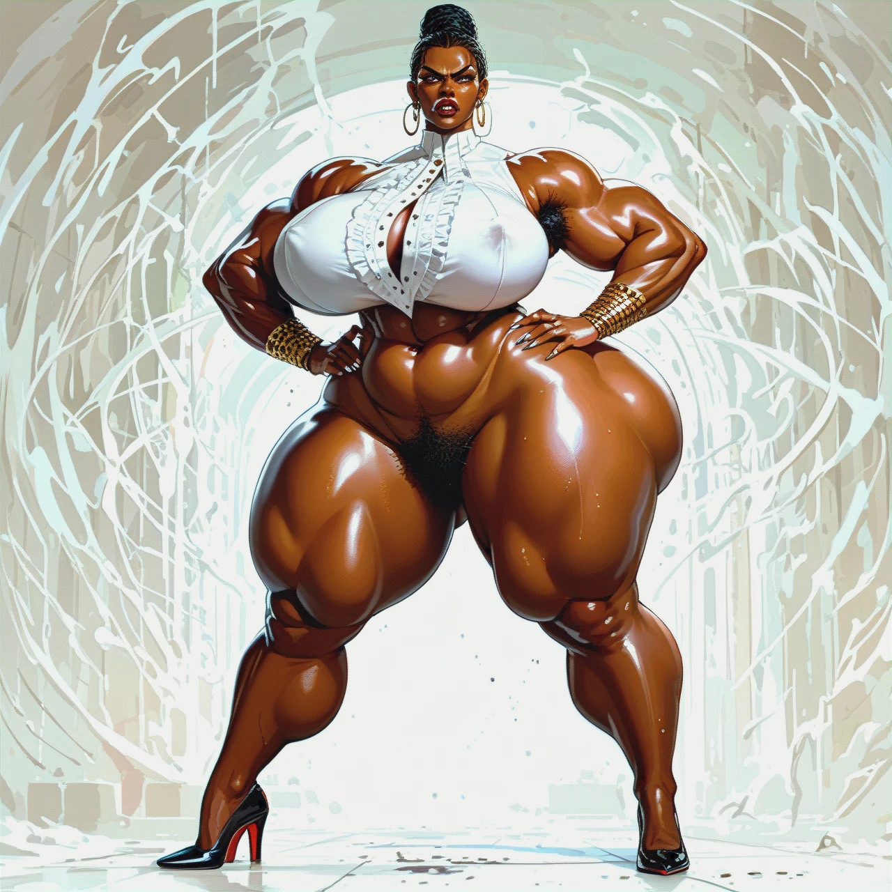 Full length, white room, solo, very african, very dark skin, mistress, angry, hyper gigantic boobs are bigger than the body, gigantic  ass are bigger than the body, very lot of armpit hair, gigantic lips, gigantic lipstick, very lot of pubic hair