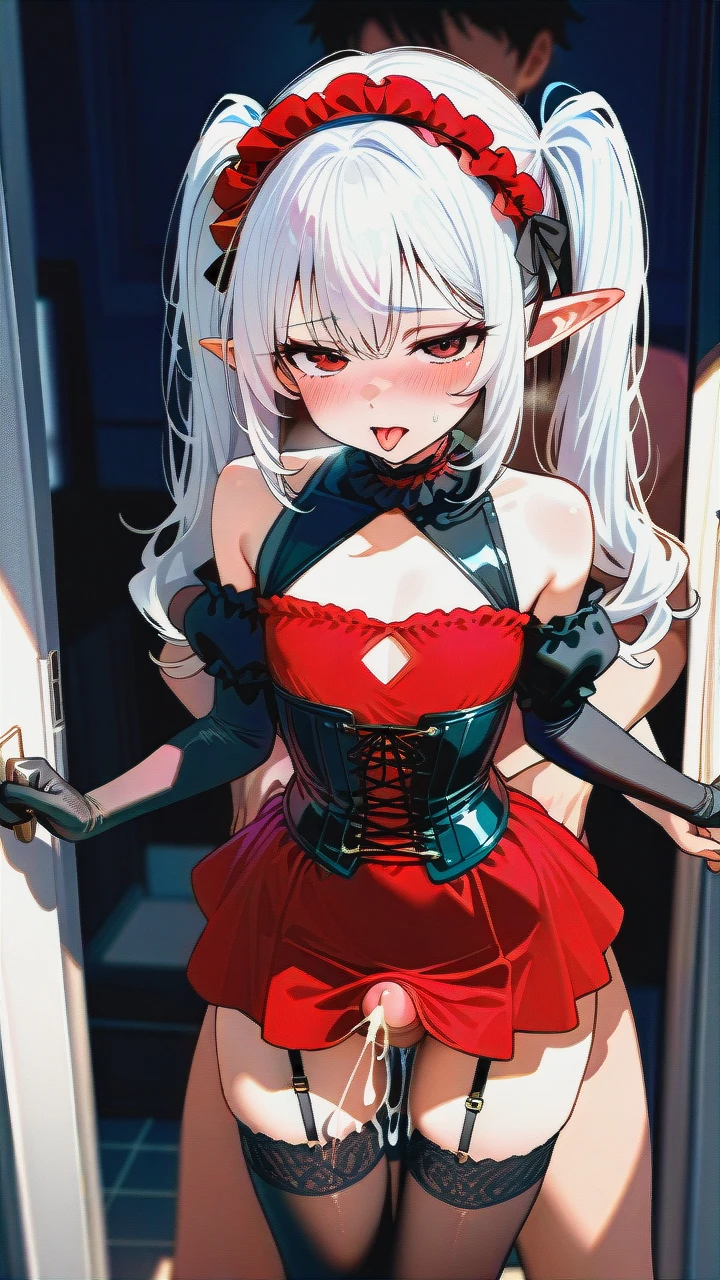 High_quality, (otoko_no_ko), (flat_chest), (frilled_thighhighs), garter_straps, pointy_ears, red_eyes, white_hair, red_dress, black_dress, elbow_gloves, frilled_headband, puffed_sleeves, frilled_choker, (cleavage_cutout),  (long_twin_ponytails), slim_legs, corset, (blush), (erection_under_skirt), (deep_penetration), (arm_held_back), (ejaculation), (sex_from_behind), (tongue_out)