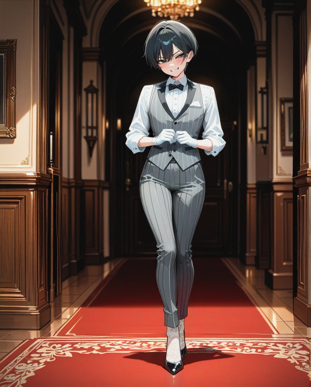 (fat) (reverse_trap), (naughty_face), black hair, gray striped waistcoat, white shirt with jabot, gray striped ironed long trousers, white lace stockings, black patent high heels, white gloves, tap dancing, room