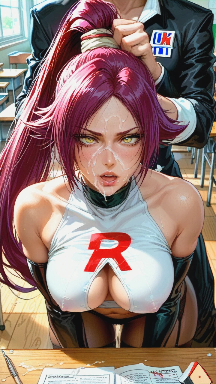 (curvy), black micro skirt, black tube top, white crop top, black boots, pantyhose, (medium_breasts), (covered_nipples), dark skin tone, @jessie team rocket teacher costume, garter belt, (panicking), @shihouin_yoruichi, classroom, (table_humping), hair pull doggystyle, cum on face, (sex)