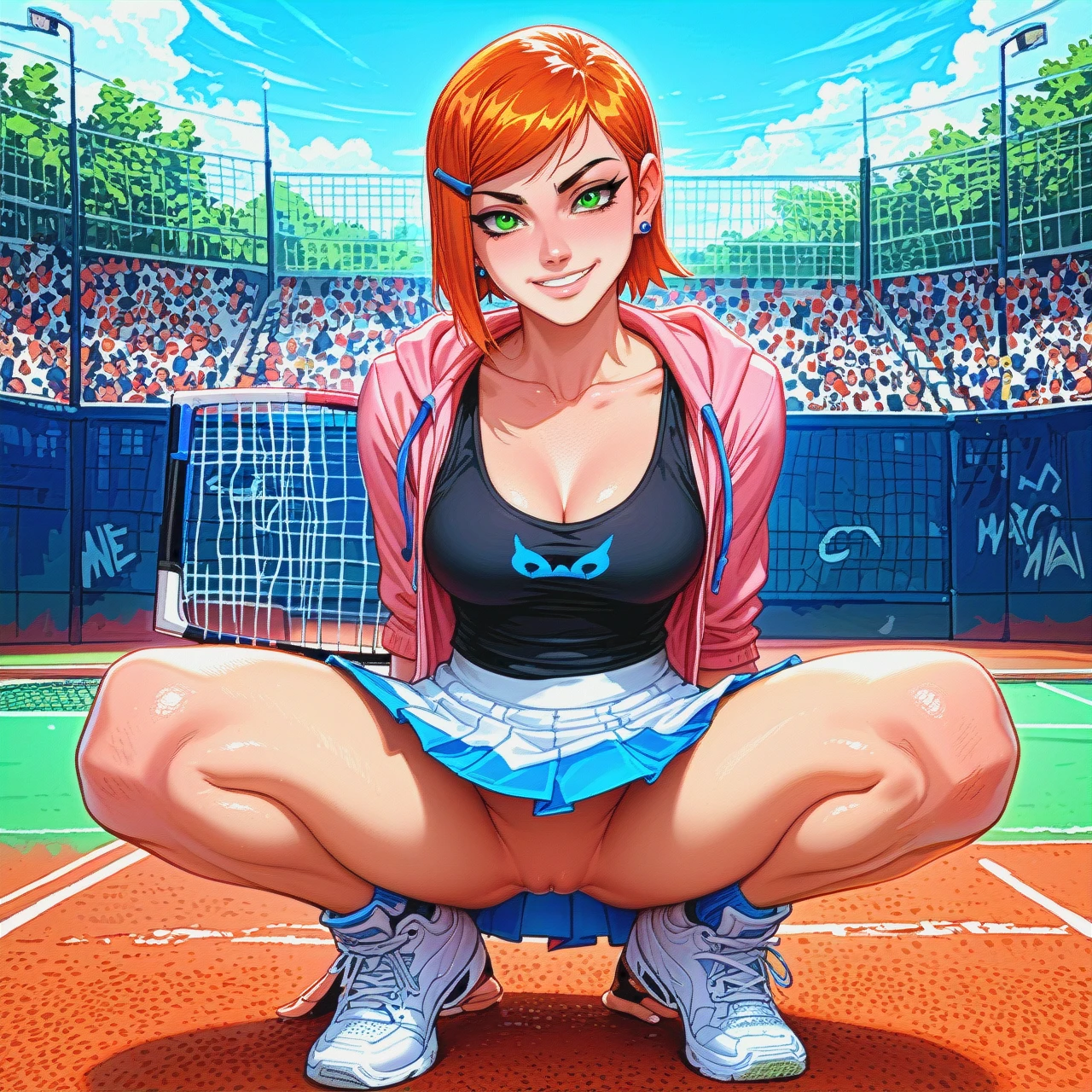 @gwen_tennyson and julie yamamoto from ben 10 alien force, asian woman, smiling, bobcut, blunt bangs, black hair, skin tight pink hoodie, black tank top cleavage, white tennis skirt, white sneakers, no panties, squatting legs spread, tennis court