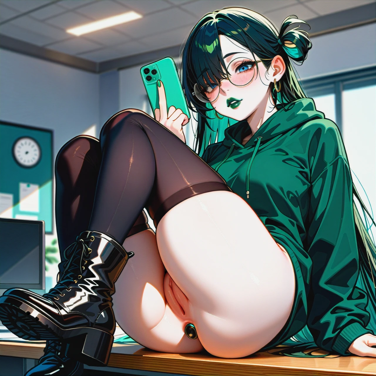 knee-high socks, dark black hair girl,dark black hair girl,dark black hair girl,extremly long hair, long hair, very long hair, hair long to the butt, steel frame glasses with large round lenses, , very dark green oversized hoodie, pale skin, (solo), (lean body:1.3), wasp waist, (hair covering left eye), erected cock, sit on table, black flat boots, office, blue eyes, blushing, horny, very dark green lipstick, full lips, long green nails,  takes a selfie, uses phone, ear rings, (spread_legs), pussy, detailed pussy, anal probe, hand middle finger up,