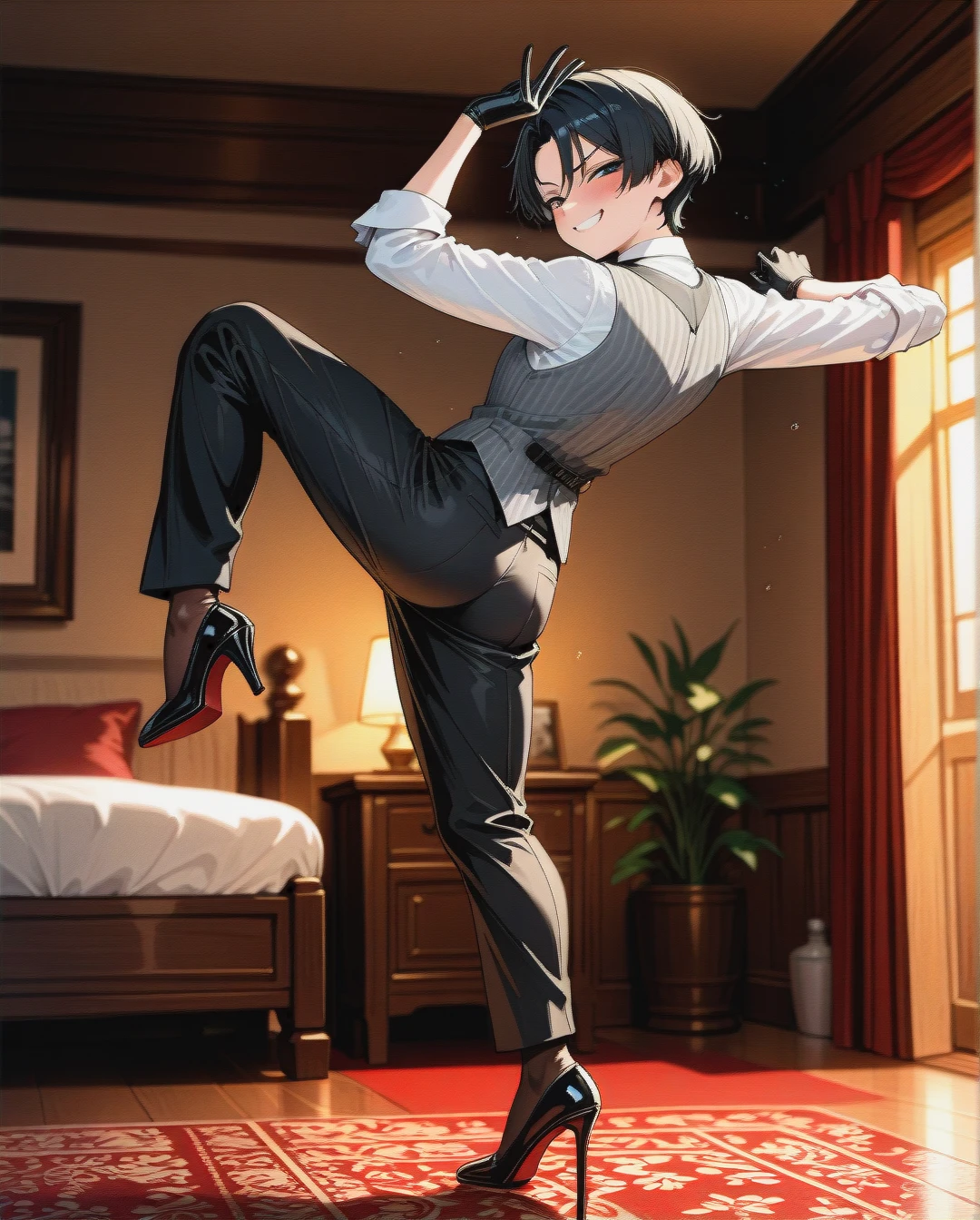 (fat) (reverse_trap), (naughty_face), black hair, gray striped waistcoat, white shirt with jabot, black ironed long trousers, brown stockings, black patent high heels, black gloves, tap dancing, bedroom,