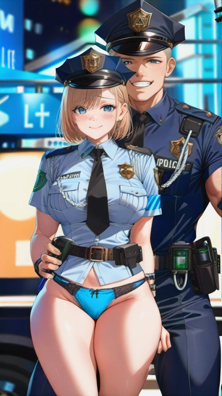 ultra_realistic,_8k,_cinematic_still,_full_shot,_nighttime,_city_street,_1girl2boys,(female_police_officer:1.3),_standing,_wearing_police_uniform,_(blue_panties_visible:1.3),_large_breasts,_wide_hips,_police_hat_on_head,_(nervous_smile:1.2),_hands_on_hips,_looking_at_camera,(two_black_men:1.5),_muscular,_embracing_the_police_officer,_smiling,_street_lights_in_background,_detailed_face,_sharp_focus,_dramatic_lighting,_film_grain