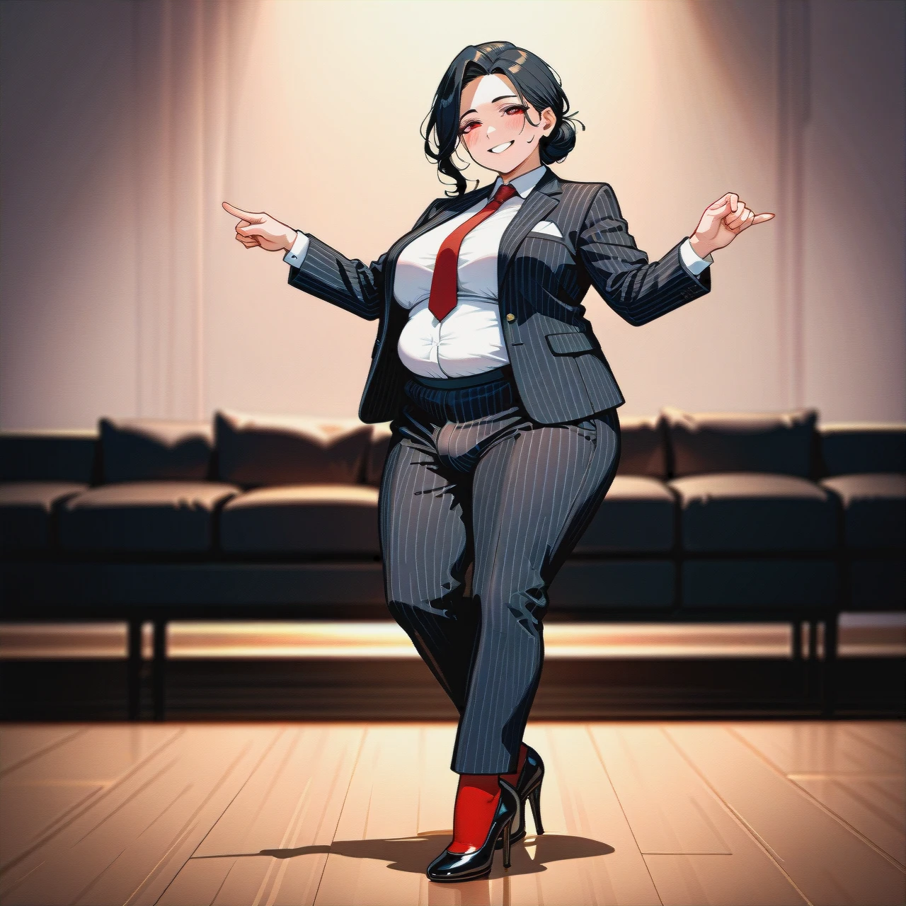 (fat), (full-package_futanari), (mature_female), wide smile, black slicked hair in a bun, bangs, black striped suit, white shirt, red tie, black striped trousers, browh stockings, black patent high heel Mary Janes, poking penis, dancing, minimalism living room