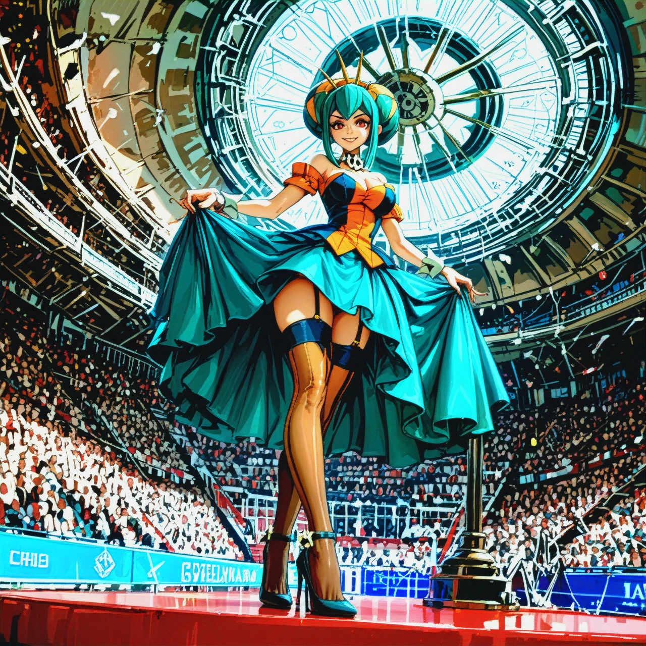 @cerebella  in a ball gown with a cleavage and slit to the thigh, stockings, high heels, smiling, standing on a pedestal, arena.