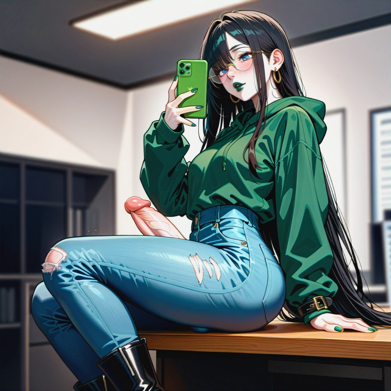 jeans with cuffs dropped to the knees, dark black hair futanari,dark black hair futanari,dark black hair futanari,dark black hair futanari,dark black hair futanari, extremly long hair, long hair, very long hair, hair long to the butt, steel frame glasses with large round lenses, , very dark green oversized hoodie, pale skin, (solo), (lean body:1.3), wasp waist, (hair covering left eye), erected cock, sit on table, black flat boots, office, blue eyes, blushing, horny, very dark green lipstick, full lips, long green nails,  takes a selfie, uses phone, ear rings, anal probe,