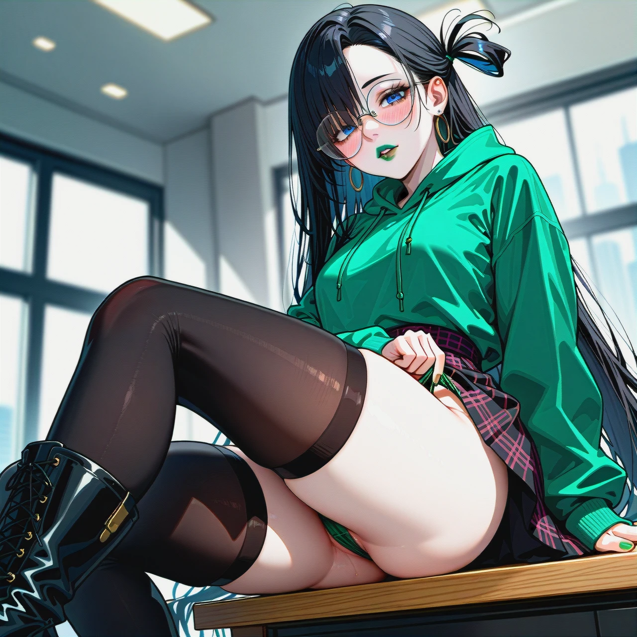 red and black checkered skirt,  knee-high socks,  dark black hair girl,dark black hair girl,dark black hair girl,extremly long hair, long hair, very long hair, hair long to the butt, steel frame glasses with large round lenses, , green oversized hoodie, pale skin, (solo), (lean body:1.3), wasp waist, (hair covering left eye), sit on table, black flat boots, office, blue eyes, blushing, horny, green lipstick, full lips, long green nails, ear rings, (adjusting_panties),