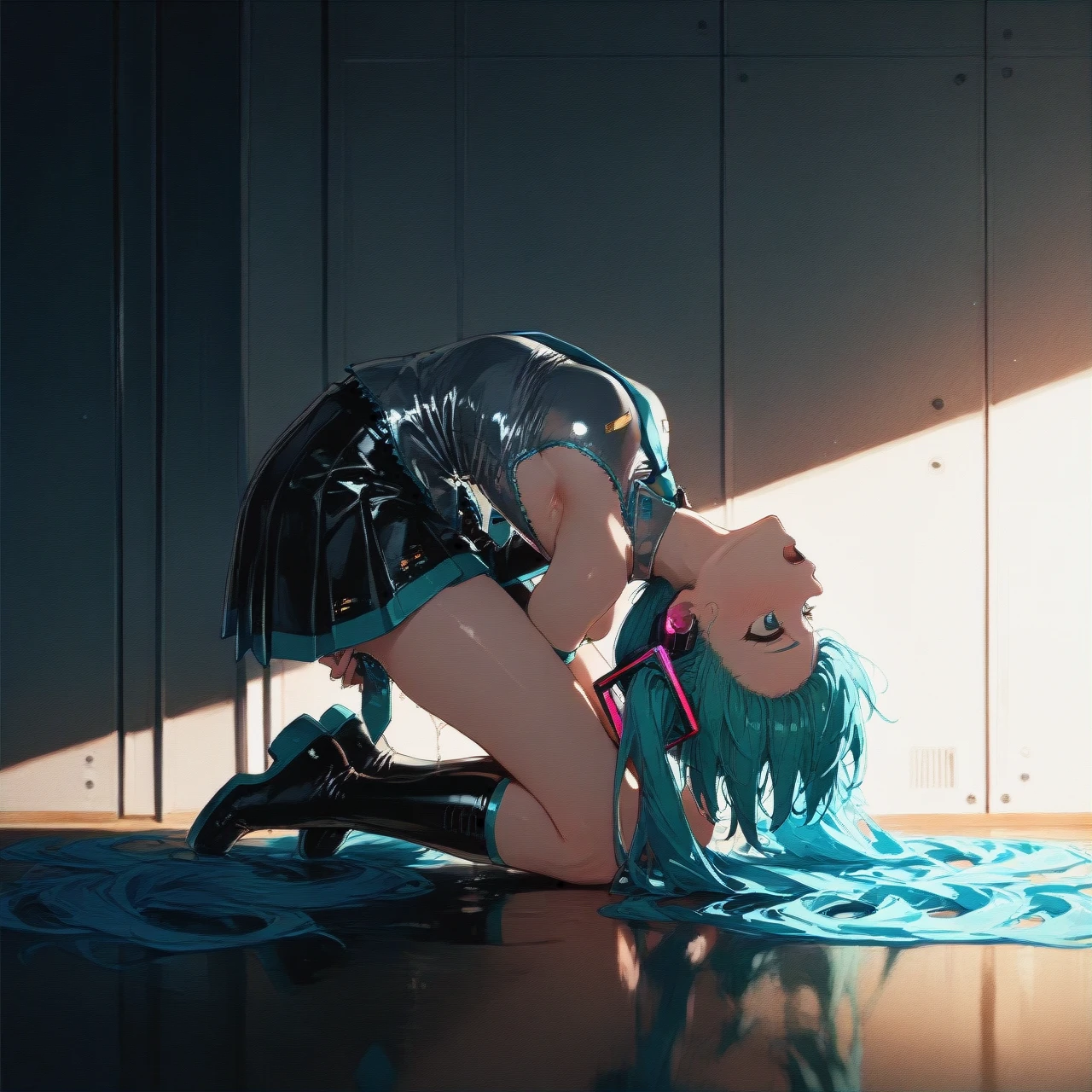 miku hatsune seiza ,man thigh sex,from side view,(upside-down),(full_body)