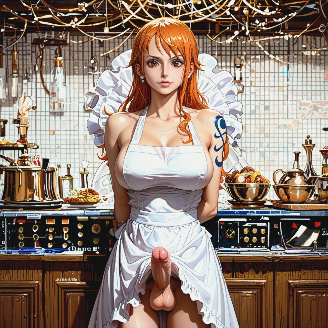 @nami  wearing only a white apron nude underneath, facing forward, (caressing_testicles) (futanari) (futa_with_female)