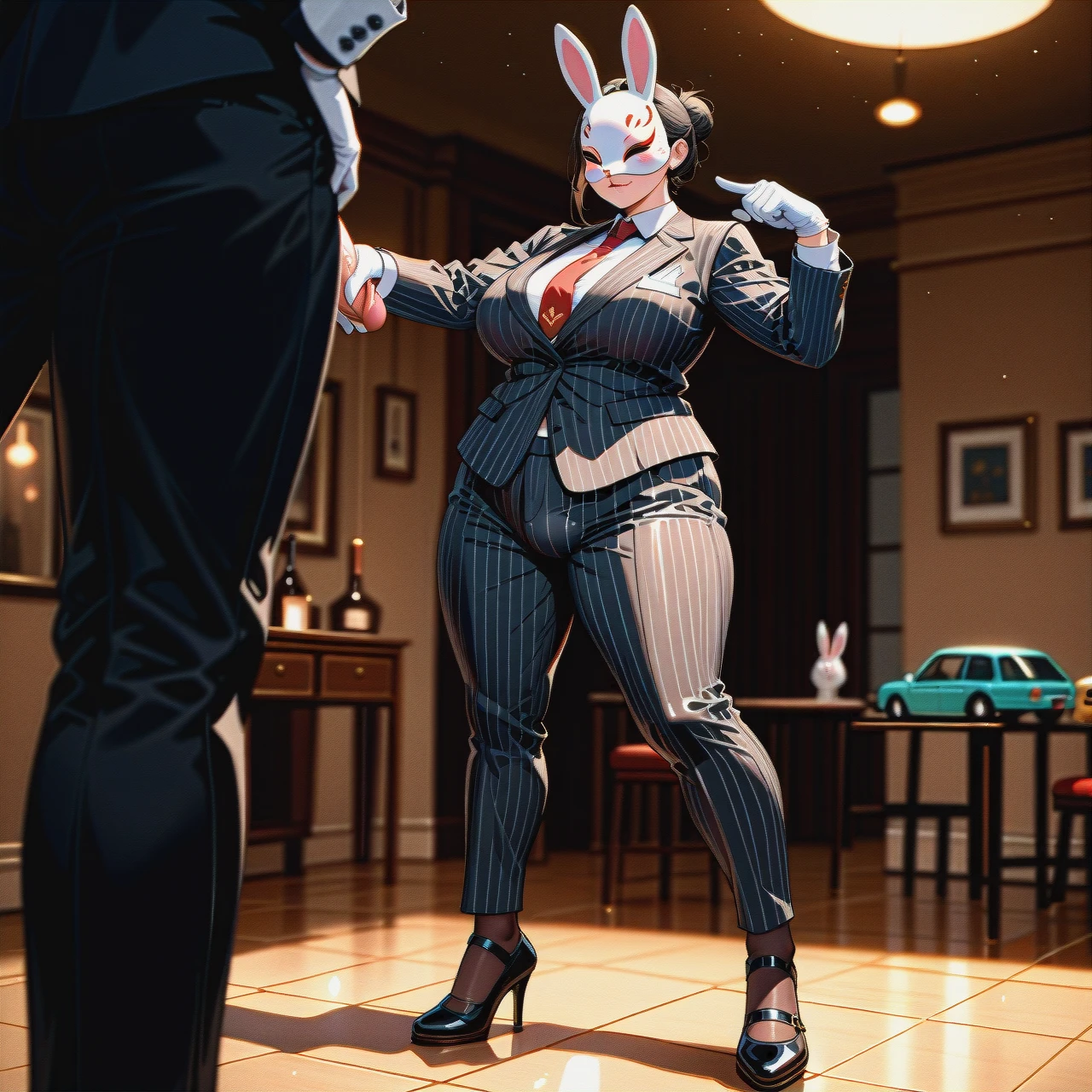 (plump), (full-package_futanari), (mature_female), rabbit mask, black slicked hair in a bun, bangs, black striped suit, white gloves, white shirt, red tie, black striped trousers, browh stockings, black patent high heel Mary Janes, poking penis, dancing, empty room, holding a toy car