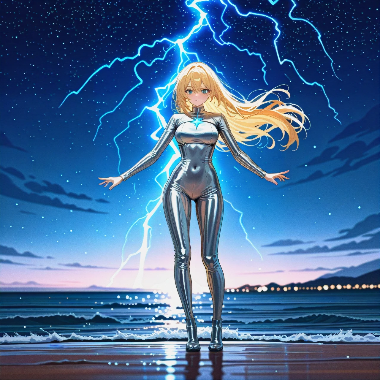 The image is a digital illustration of a woman in a futuristic-looking outfit. She is standing on a surfboard with her arms stretched out to the sides and her body in a dynamic pose. The woman has long blonde hair that is flowing in the wind and is wearing a shiny silver suit with blue lightning bolts on her chest and arms. The background is a starry night sky with a bright light shining down on the woman. The word "SEDI" is written in bold white letters at the bottom of the image. The overall color scheme is blue and silver, giving the image a futuristic and powerful feel.