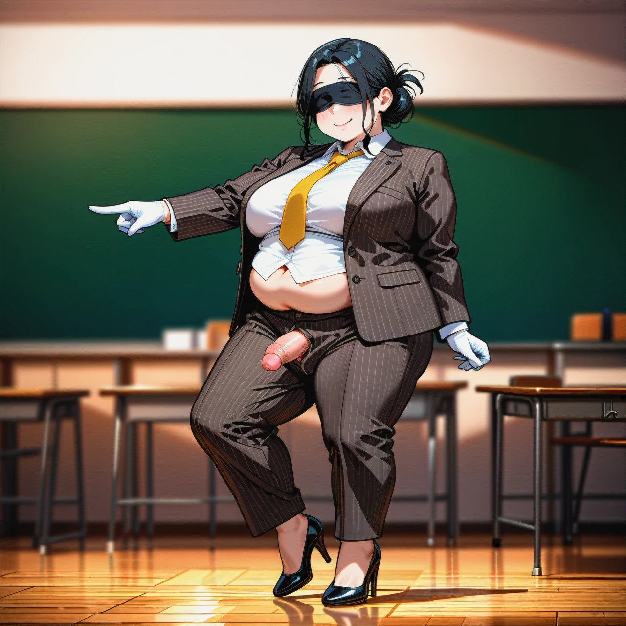 (fat), (full-package_futanari), (mature_female), black blindfold, smile, black hair in a bun, bangs, beige striped suit, white shirt, yellow tie, beige ironed long wide trousers, black patent high heels, white gloves, poking penis, tap dancing, classroom