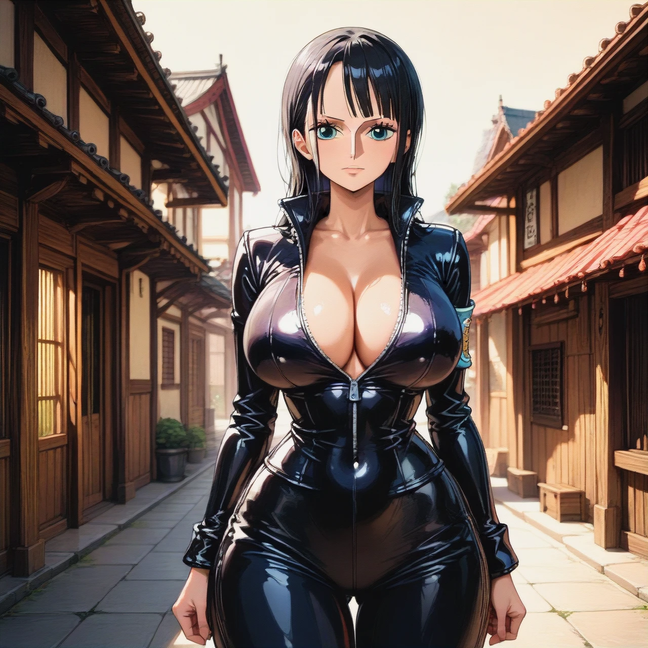 futuristic location, big breast, standing, @nico_robin , egghead outfit, one piece anime style