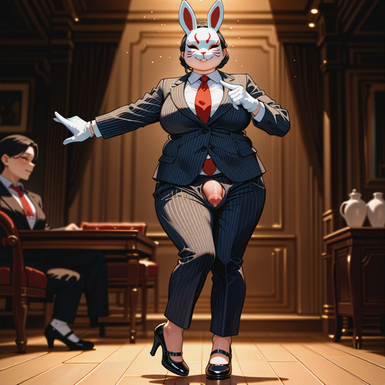 (fat), (full-package_futanari), (mature_female), rabbit mask, black slicked hair in a bun, bangs, black striped suit, white gloves, white shirt, red tie, black striped trousers, browh stockings, black patent high heel Mary Janes, poking penis, dancing, empty room