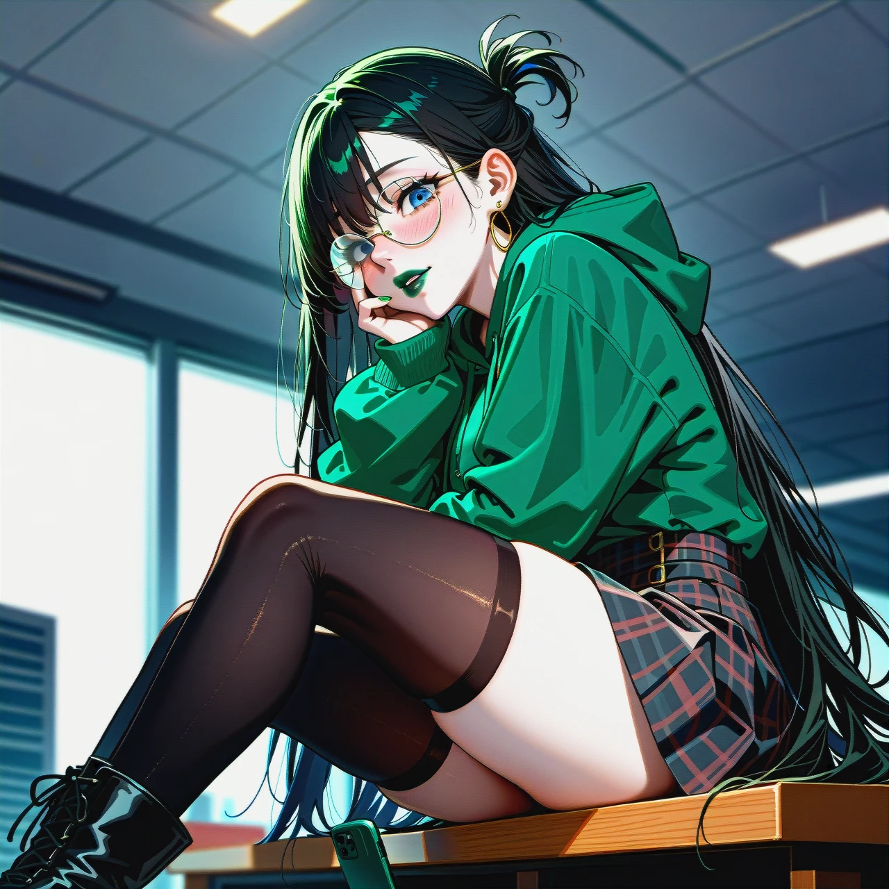 red and black checkered skirt,  knee-high socks,  dark black hair girl,dark black hair girl,dark black hair girl,extremly long hair, long hair, very long hair, hair long to the butt, steel frame glasses with large round lenses, , very dark green oversized hoodie, pale skin, (solo), (lean body:1.3), wasp waist, (hair covering left eye), sit on table, black flat boots, office, blue eyes, blushing, horny, very dark green lipstick, full lips, long green nails,  takes a selfie, uses phone, ear rings, (hand_on_own_face),