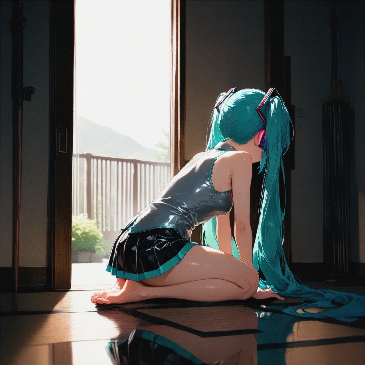 miku hatsune seiza ,man fucking thigh,from side view,wide  shot,(full_body)