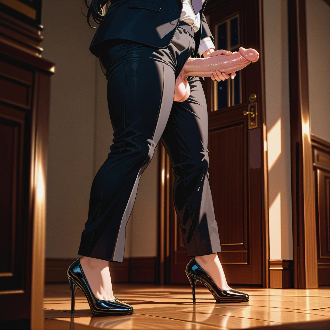 (fat) (full-package_futanari) (mature_female), oval mask, black long hair with bangs, black suit, white shirt with tie, black ironed long trousers, black patent high heels, living room at night, (futanari_masturbation), tap dancing