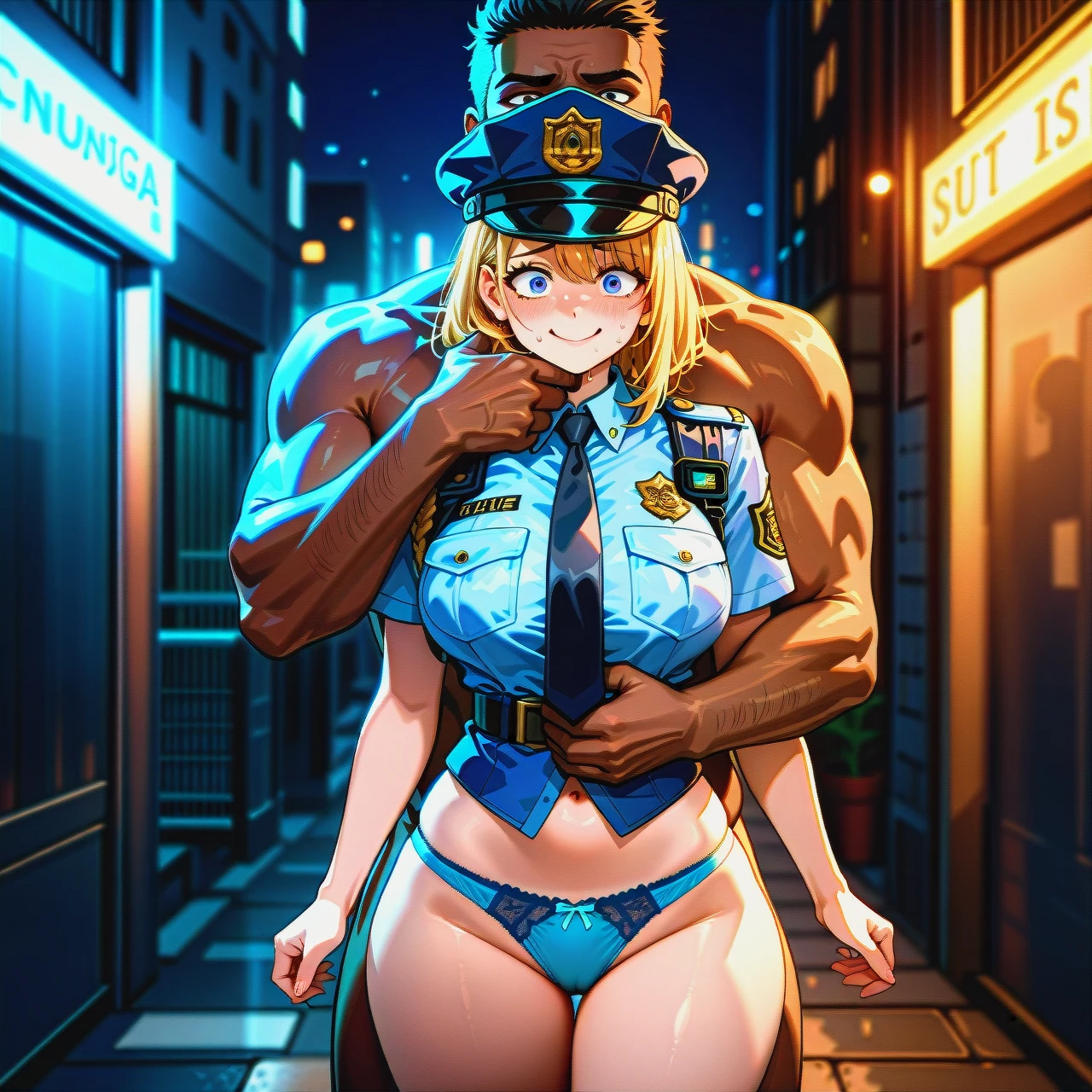 ultra_realistic, 8k, cinematic_still, full_shot,1boy1girl,dark-skinned_boy,nude,big_penis,(chin_grab),(arm_hug), female_police_officer_standing_on_a_city_street,_nighttime, lone, wearing_a_police_uniform, (blue_panties_visible:1.3), large_breasts, wide_hips, police_hat_on_head, (nervous_smile:1.2), hands_on_hips, street_lights_in_background, detailed_face, sharp_focus, dramatic_lighting, film_grain