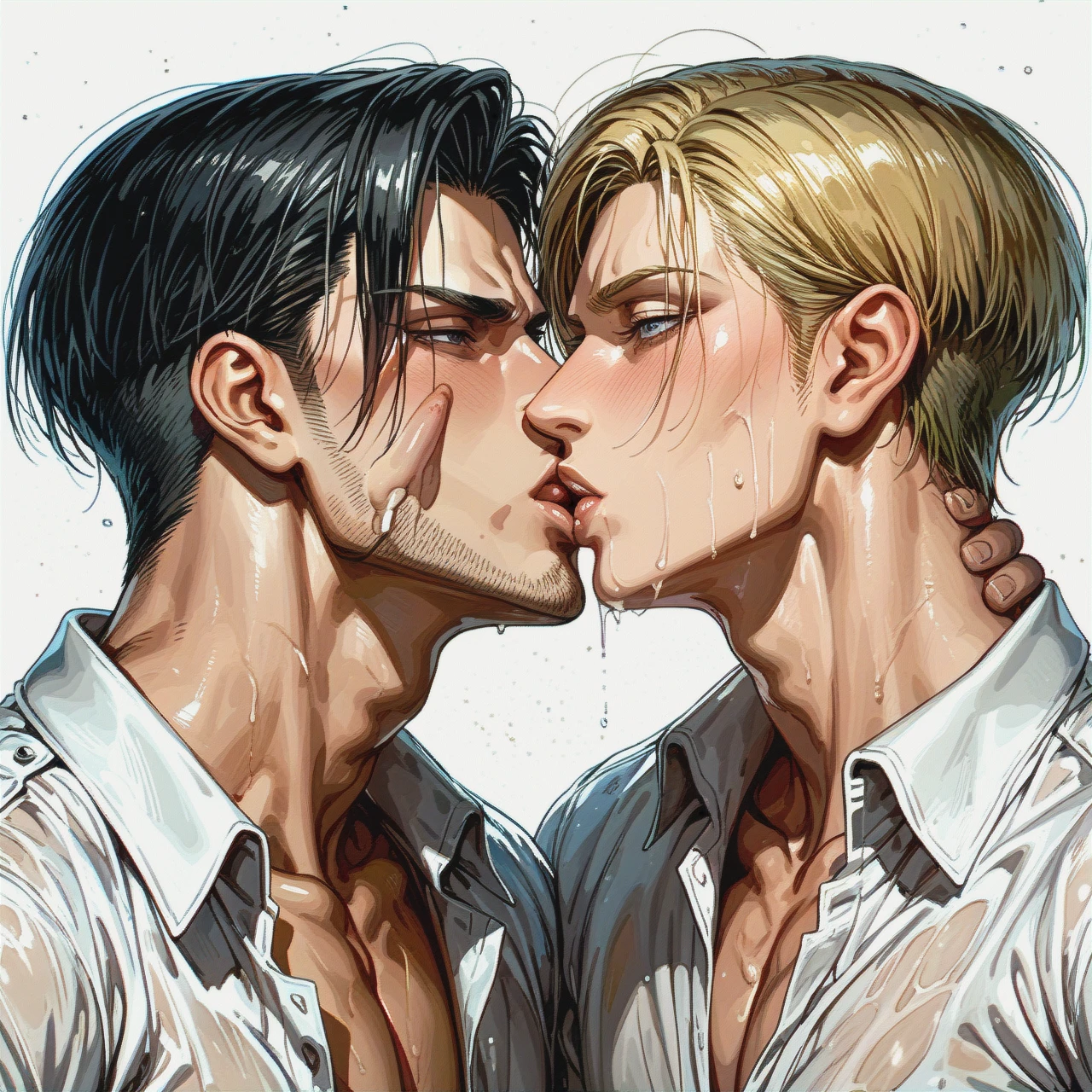 Two men, blonde @erwin_smith and @levi (handjob), yaoi, gay, dick, (kissing_neck)