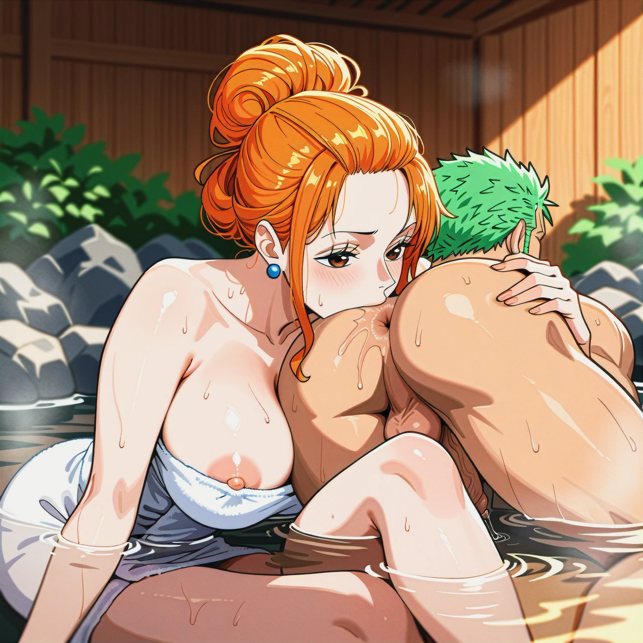 onsen, sole male, sole female, (mature_female), (smelling ass), pulled back hairstyle, towel, (nipple_slip) , (crossed_legs) , @nami , (anilingus) , precum, @roronoa_zoro