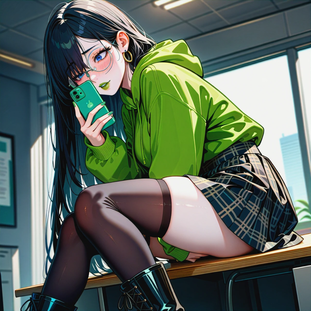 red and black checkered skirt,  knee-high socks,  dark black hair girl,dark black hair girl,dark black hair girl,extremly long hair, long hair, very long hair, hair long to the butt, steel frame glasses with large round lenses, , green oversized hoodie, pale skin, (solo), (lean body:1.3), wasp waist, (hair covering left eye), sit on table, black flat boots, office, blue eyes, blushing, horny, green lipstick, full lips, long green nails, ear rings, (female_masturbation), takes a selfie, uses phone,