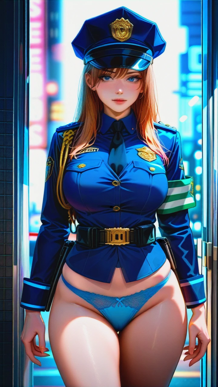 ultra_realistic, 8k, cinematic_still, full_shot, female_police_officer_standing_on_a_city_street,_nighttime, lone, wearing_a_police_uniform, (blue_panties_visible:1.3), large_breasts, wide_hips, police_hat_on_head, confident_expression, street_lights_in_background, detailed_face, sharp_focus, dramatic_lighting, film_grain