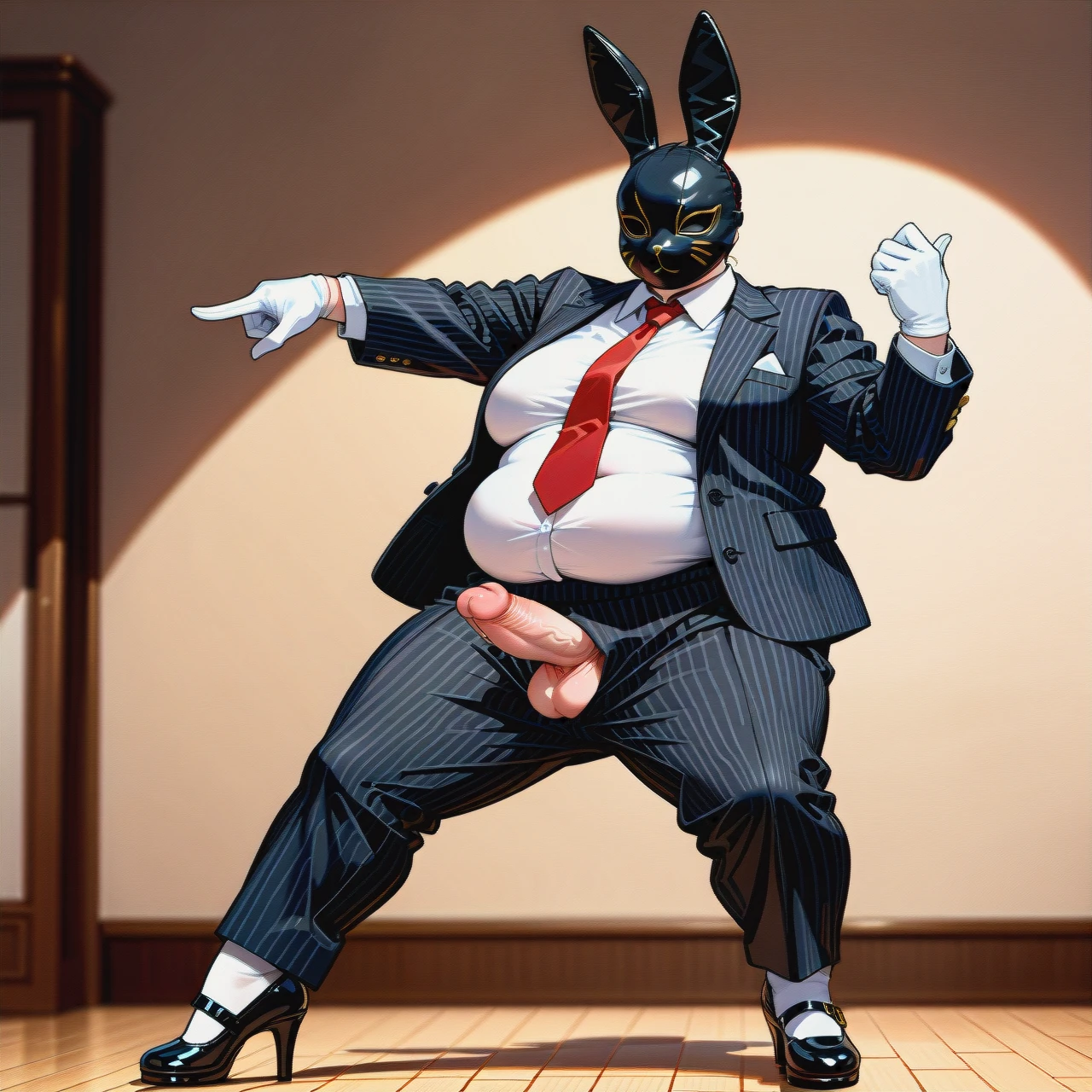 (fat), (full-package_futanari), (mature_female), rabbit mask, black slicked hair in a bun, bangs, black striped suit, white gloves, white shirt, red tie, black striped trousers, browh stockings, black patent high heel Mary Janes, poking penis, dancing, empty room