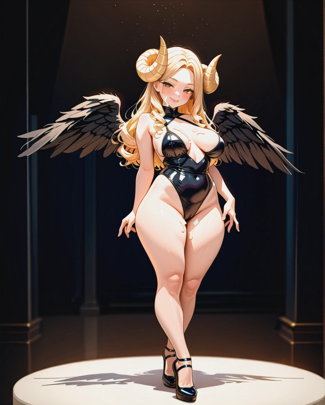 1 girl, lolli, angel girl, thick thighs, middle breasts, perfect figure, tall woman, blond hair, middle hair, lips, brown eyes, cream curled horns, two black wings, seductive smile, full height, standing full height, full body, front view