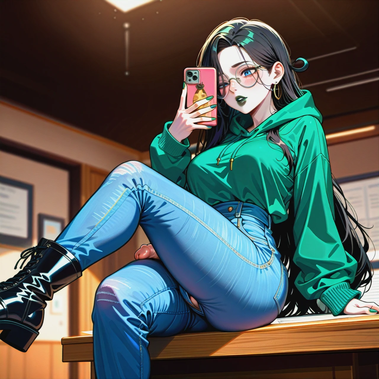 jeans with cuffs dropped to the knees, dark black hair futanari,dark black hair futanari,dark black hair futanari,dark black hair futanari,dark black hair futanari, extremly long hair, long hair, very long hair, hair long to the butt, steel frame glasses with large round lenses, , very dark green oversized hoodie, (side boobs), pale skin, (futanari), (solo), (lean body:1.3), wasp waist, (hair covering left eye), (exposed cocks:1.2), erected cock, sit on table, black flat boots, office, blue eyes, blushing, horny, very dark green lipstick, full lips, long green nails,  takes a selfie, uses phone, ear rings,