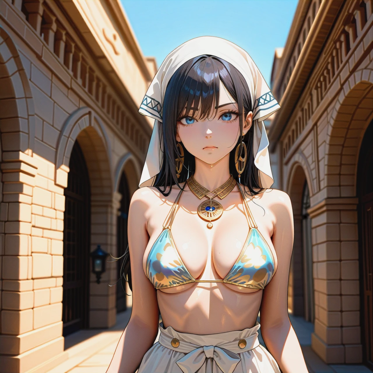 The image shows a young woman standing in front of a mosque. She is wearing a white and blue bikini with gold accents. The bikini top has a halter neckline and thin straps. The woman is also wearing a headscarf with a black and white pattern. She has  and is looking directly at the camera with a serious expression. The mosque in the background is a beige color with a dome on top. The sky is blue and the overall mood of the image is elegant and luxurious.