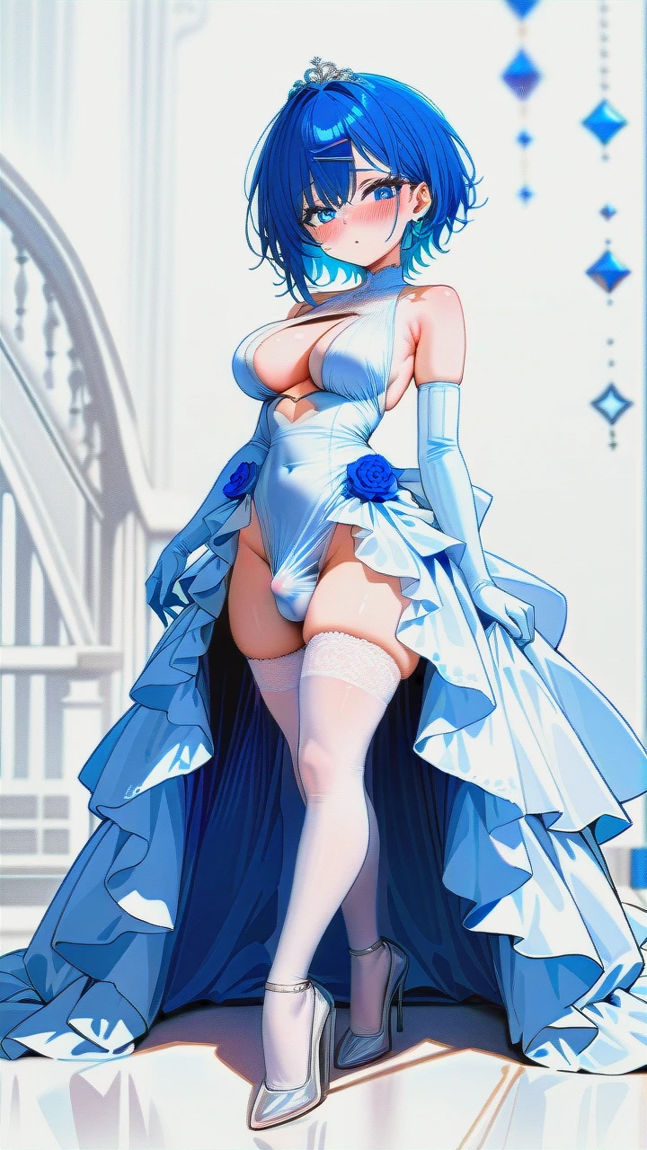 High_quality, (otoko_no_ko), (open_dress), wedding_dress, elbow_gloves, thighhighs, blue_eyes, blue_hair, (large_breasts), (cleavage_cutout) slim_legs, front_viev, (blush), (erection_under_clothes), penis_bulge, highheels,