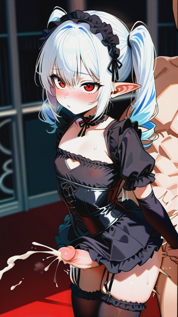 High_quality, (otoko_no_ko), (flat_chest), (frilled_thighhighs), garter_straps, pointy_ears, red_eyes, white_hair, (red_and_black_dress), elbow_gloves, frilled_headband, puffed_sleeves, frilled_choker, (cleavage_cutout),  (long_twin_ponytails), slim_legs, corset, (blush), (erection_under_skirt), (deep_penetration), (arm_held_back), (ejaculation), (sex_from_behind)