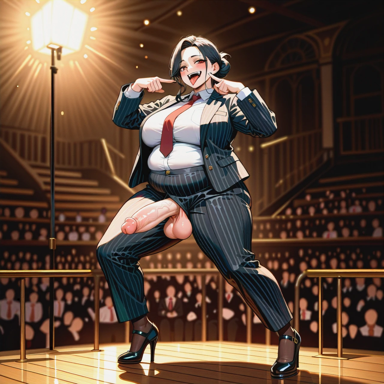 (fat), (full-package_futanari), (mature_female), (fangs), (tongue_out), black slicked hair in a bun, bangs, black striped suit, white shirt, red tie, black striped trousers, browh stockings, black patent high heel Mary Janes, poking penis, dancing, school stage