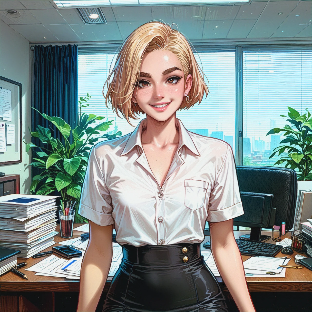 office, slim blonde, pixie cut hair, smile, thick eyebrows, (flat_chest) secretary outfit