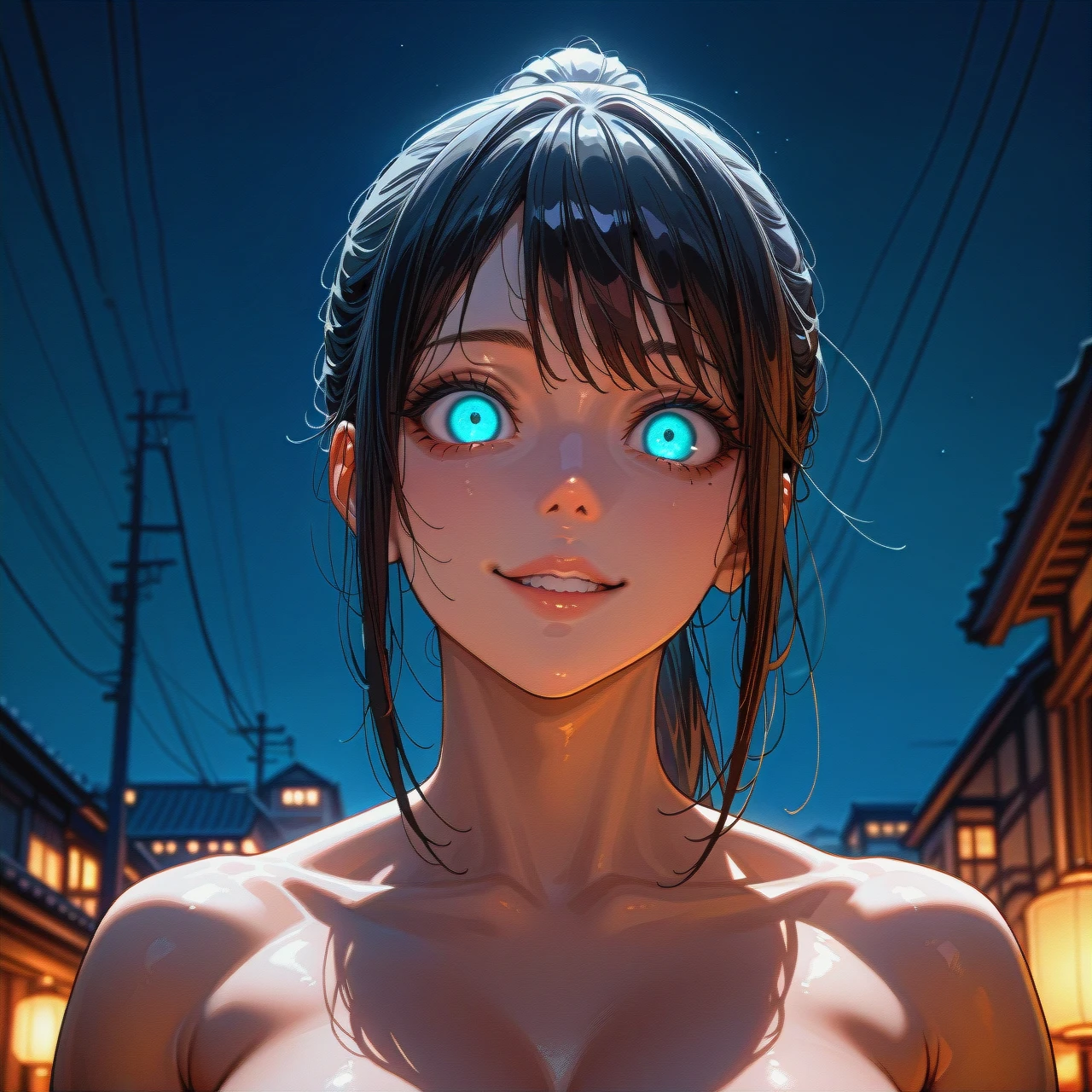 Woman, solo, pale, black hair, ponytail, (glowing_eyes), turquoise eyes, (muscular), nude, (yandere), calm, (light_smile), (femdom), (staring), (full_body), pussy focus, night, creepy