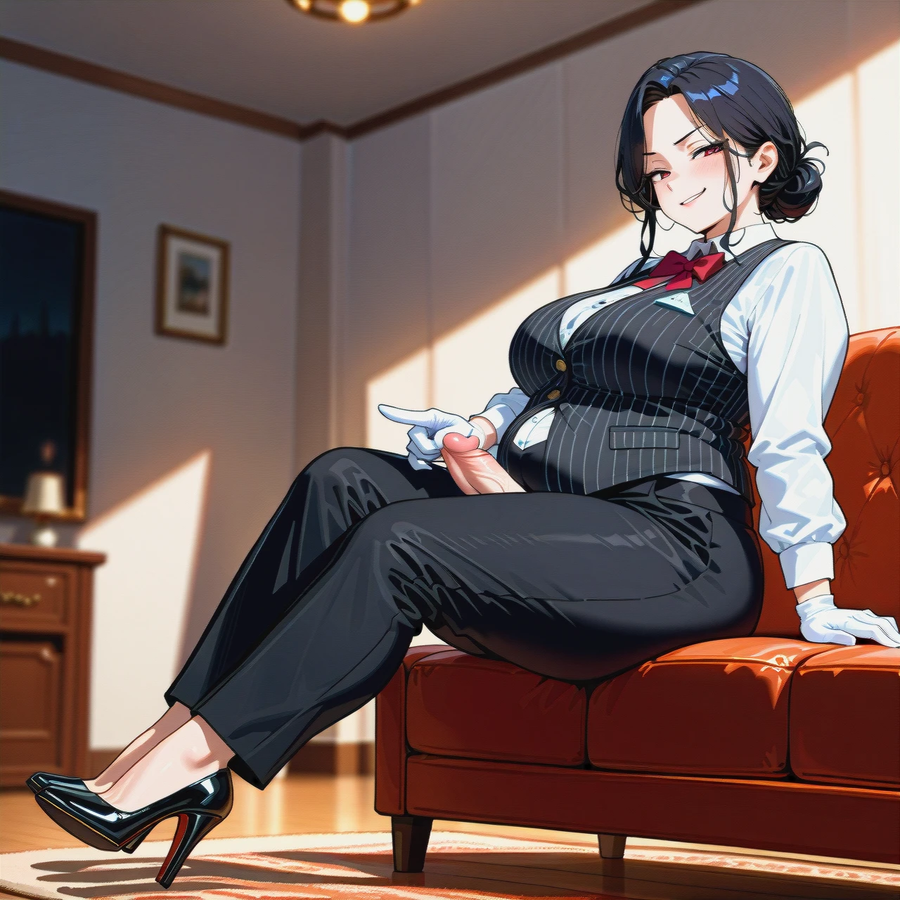 (fat), (full-package_futanari), (mature_female), (smirk), hair in a bun, bangs, black striped buttoned-up waistcoat, white long sleeve shirt, red bowtie, black striped ironed long wide trousers, black patent high heels, white gloves, poking penis, (glomp), living room