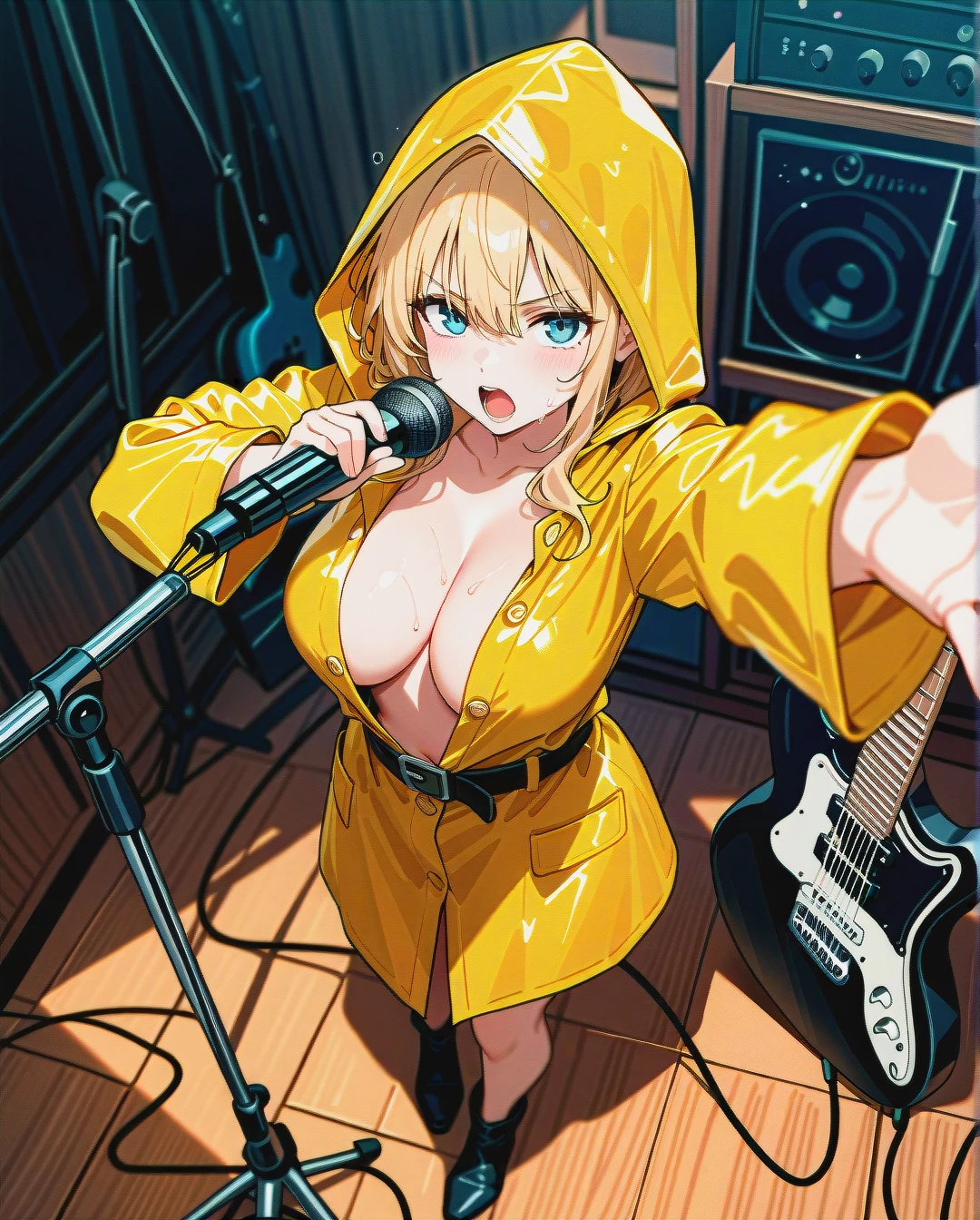 1 girl, very large breasts, shiny skin, belts on body, long raincoat to the floor on naked body, raincoat unbuttoned, singing, metal coat, guitar on stand, serious face, blonde, arms spread, (outstretched_arm), (from_above), full height