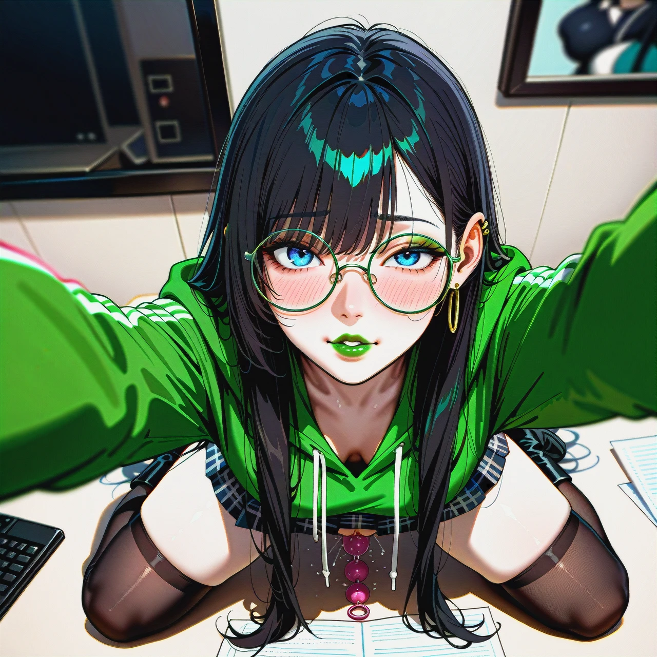 ultra realistic, red and black checkered skirt,  knee-high socks,  dark black hair girl,dark black hair girl,dark black hair girl,extremly long hair, long hair, very long hair, hair long to the butt, steel frame glasses with large round lenses, , green oversized hoodie, pale skin, (solo), (lean body:1.3), wasp waist, (hair covering left eye), (kneeling) on table, black flat boots, office, blue eyes, blushing, horny, green lipstick, full lips, long green nails, ear rings, takes a selfie, uses phone, (spread_legs), naked pussy, anal beads, (anal_object_insertion), vaginal_object_insertion), (double_penetration)