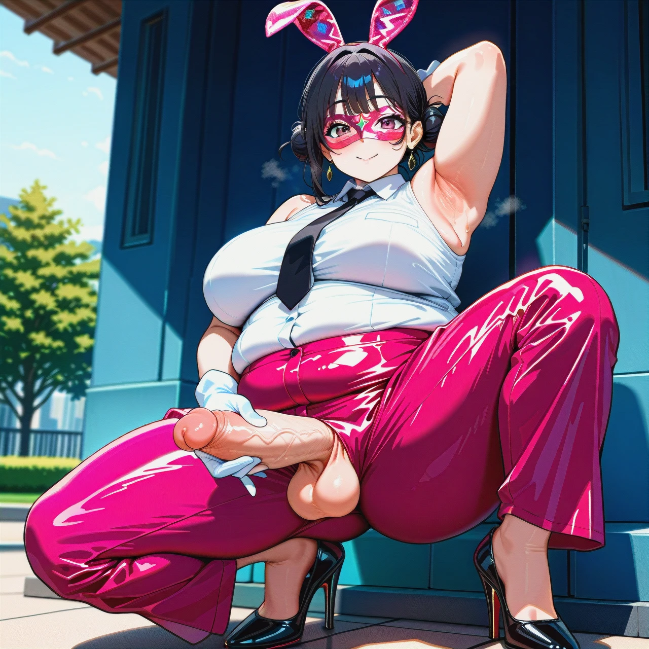 (fat), (full-package_futanari), (mature_female), glitter rabbit mask, black hair in a bun, bangs, dark pink suit, white shirt, black tie, dark pink ironed long wide trousers, black patent high heels, white gloves, poking penis, (presenting_armpit), park