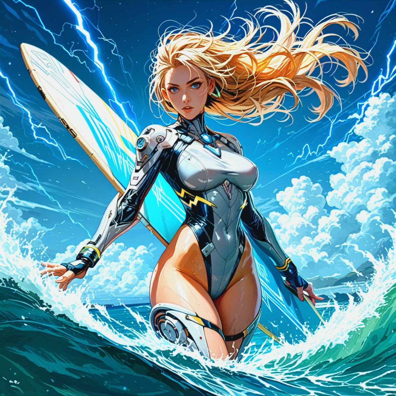 The image is a digital illustration of a woman in a futuristic-looking outfit. She is standing on a surfboard with her arms stretched out to the sides and her body in a dynamic pose. The woman has long blonde hair that is flowing in the wind and is wearing a shiny silver suit with blue lightning bolts on her chest and arms. The background is a starry night sky with a bright light shining down on the woman. The word "SEDI" is written in bold white letters at the bottom of the image. The overall color scheme is blue and silver, giving the image a futuristic and powerful feel.