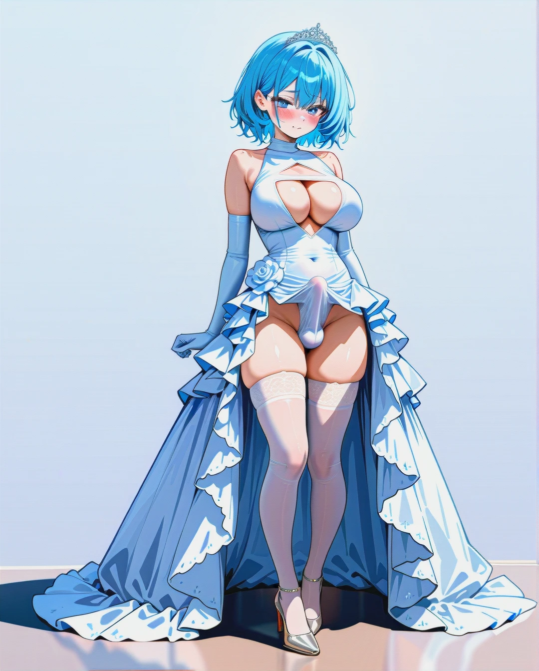 High_quality, (otoko_no_ko), (open_dress), wedding_dress, elbow_gloves, thighhighs, blue_eyes, blue_hair, (large_breasts), (cleavage_cutout) slim_legs, front_viev, (blush), (erection_under_clothes), penis_bulge, highheels,