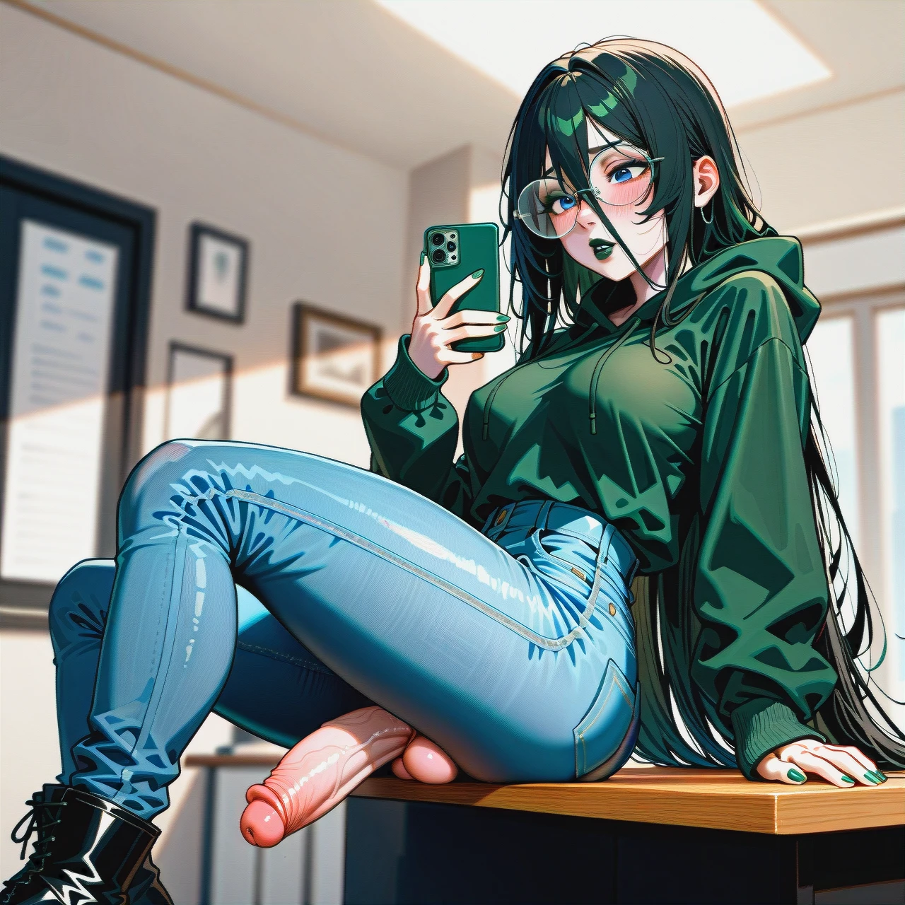 dark black hair futanari,dark black hair futanari,dark black hair futanari,dark black hair futanari,dark black hair futanari, extremly long hair, long hair, very long hair, hair long to the butt, steel frame glasses with large round lenses, , very dark green oversized hoodie, (side boobs), pale skin, (futanari), (solo), (lean body:1.3), wasp waist, (hair covering left eye), (exposed cocks:1.2), erected cock, sit on table, black flat boots, office, blue eyes, blushing, horny, very dark green lipstick, full lips, long green nails, jeans with cuffs dropped to the knees, takes a selfie, uses phone