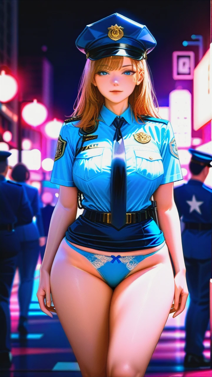 ultra_realistic, 8k, cinematic_still, full_shot, female_police_officer_standing_on_a_city_street,_nighttime, lone, wearing_a_police_uniform, (blue_panties_visible:1.3), large_breasts, wide_hips, police_hat_on_head, confident_expression, street_lights_in_background, detailed_face, sharp_focus, dramatic_lighting, film_grain