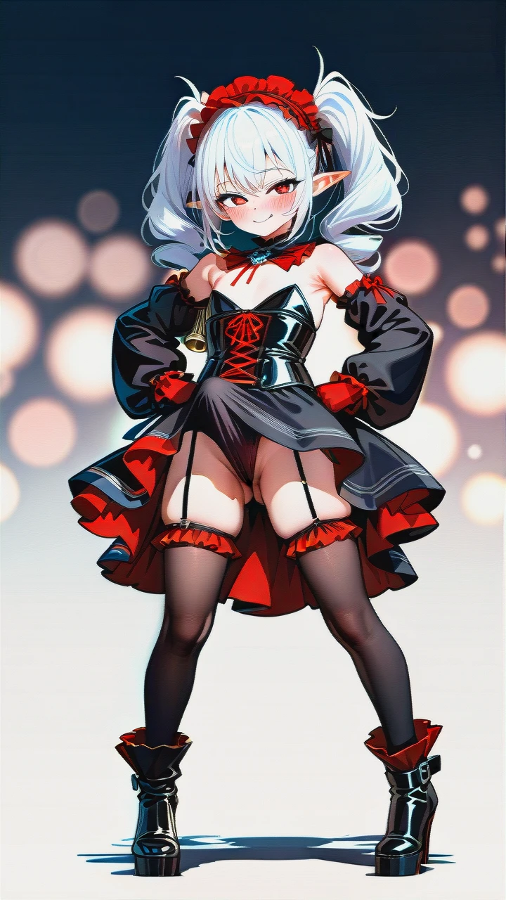 High_quality, (otoko_no_ko), (flat_chest), (frilled_thighhighs), garter_straps, pointy_ears, red_eyes, white_hair, elbow_gloves, frilled_headband, puffed_sleeves, (long_twin_ponytails), (ankle_boots_with_heels), (red_and_black_dress), frilled_chocker, naked_shoulders, slim_legs, corset, leotard, front_viev, (legs_apart), (smile), (blush), (erection_under_clothes), (erection_under_skirt), (hands_on_hips), (penis_bugle_with_scrotum), closed_chest,